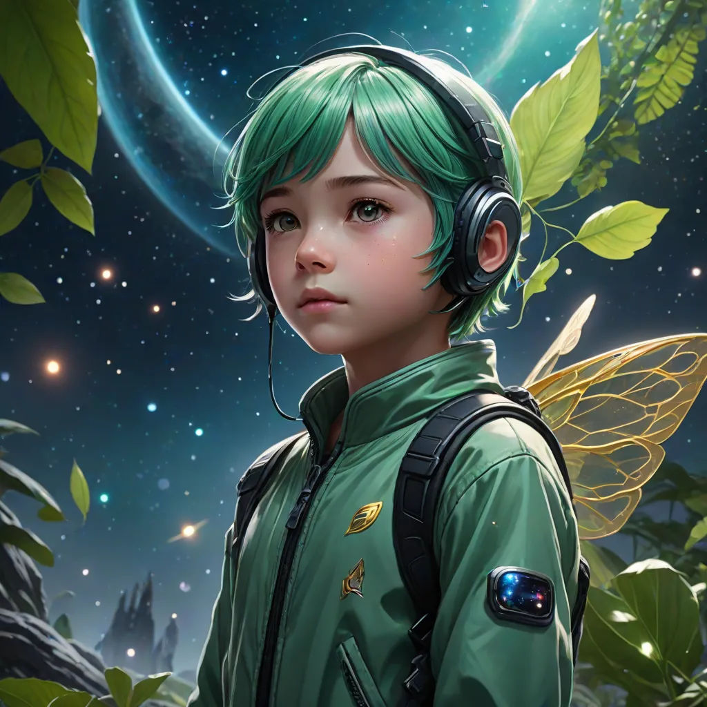 a young boy with green hair wearing headphones and a green jacket with a green leaf on it, standing in front of a forest, a detailed painting, Clint Cearley, fantasy art, stanley artgerm lau