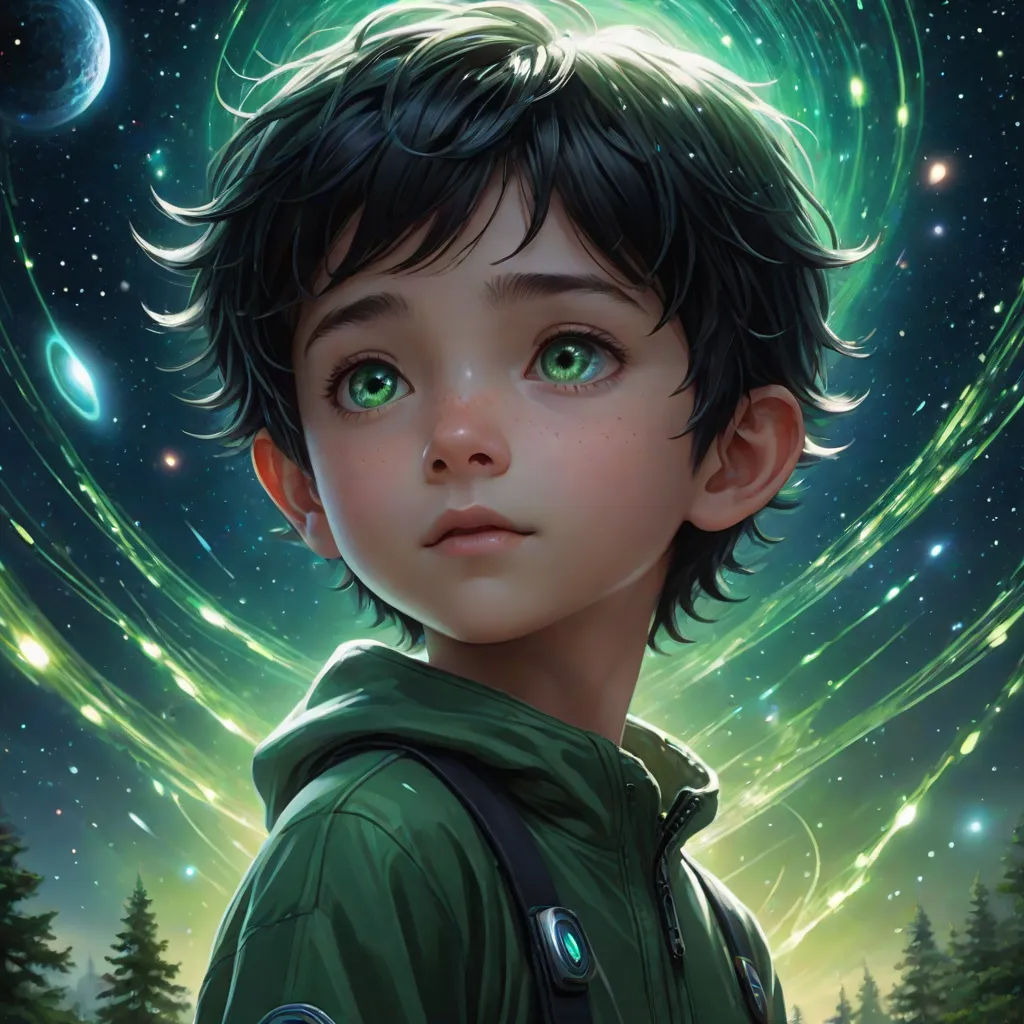 a boy with green eyes and a green jacket on is staring at the stars in the sky above him, a detailed painting, Aaron Jasinski, space art, stanley artgerm lau