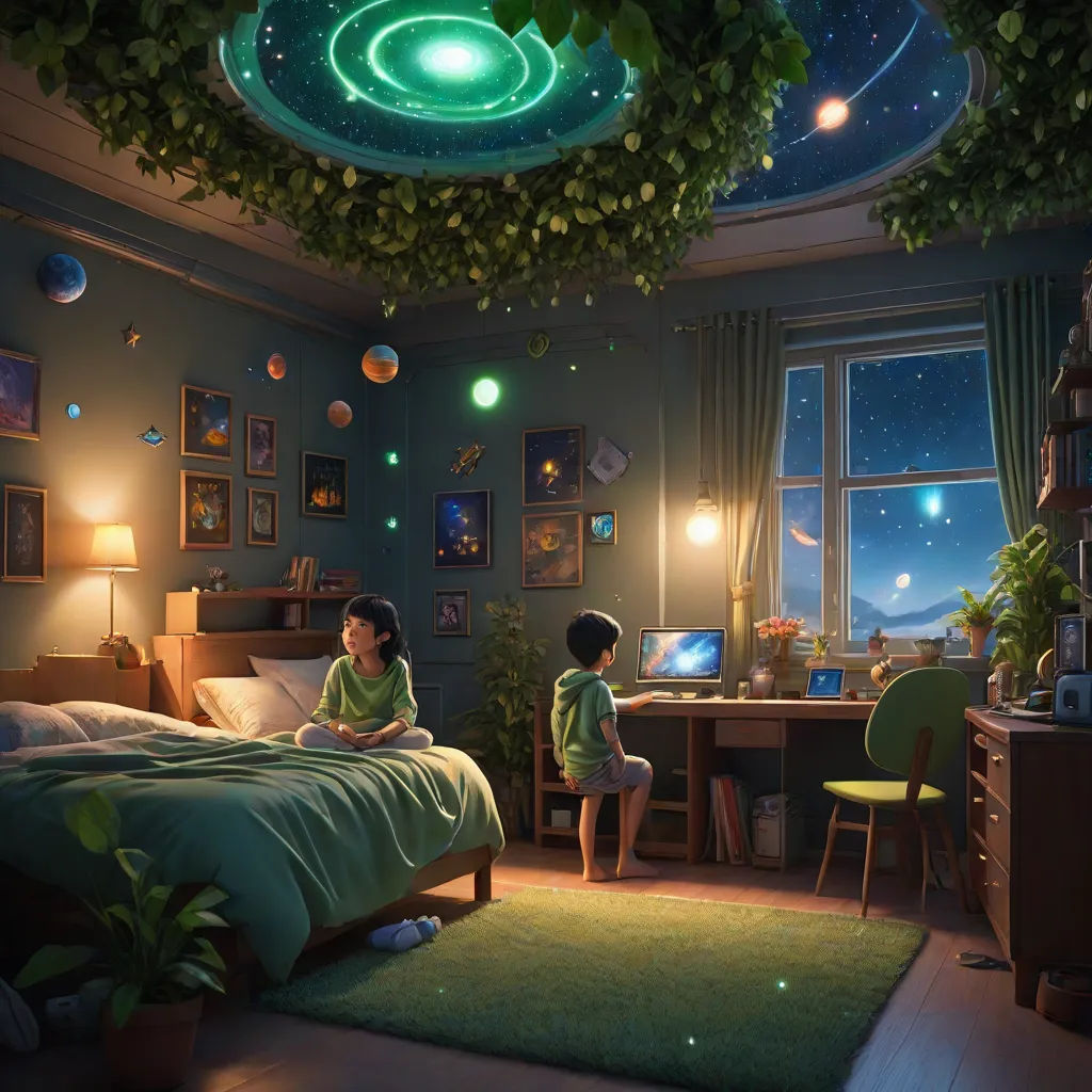 a couple of kids sitting on a bed in a room with a green ceiling and a green rug on the floor, a detailed matte painting, Chris LaBrooy, space art, highly detailed digital painting