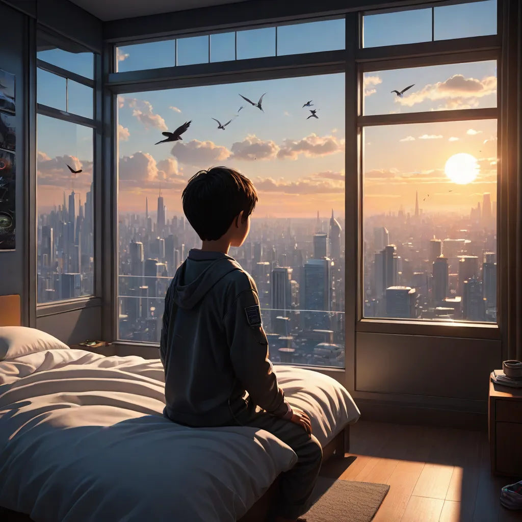 a person sitting on a bed looking out a window at a city skyline at sunset with birds flying overhead, a detailed matte painting, Chris LaBrooy, retrofuturism, dan mumford. octane render
