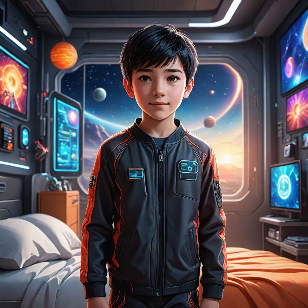 a boy in a space suit standing in a bedroom with a bed and a monitor screen in the background, computer graphics, Aaron Jasinski, space art, highly detailed digital painting