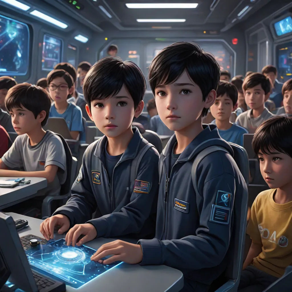 a group of children sitting in front of laptop computers in a classroom with a star wars theme on the screen, computer graphics, Bian Jingzhao, space art, cgstudio