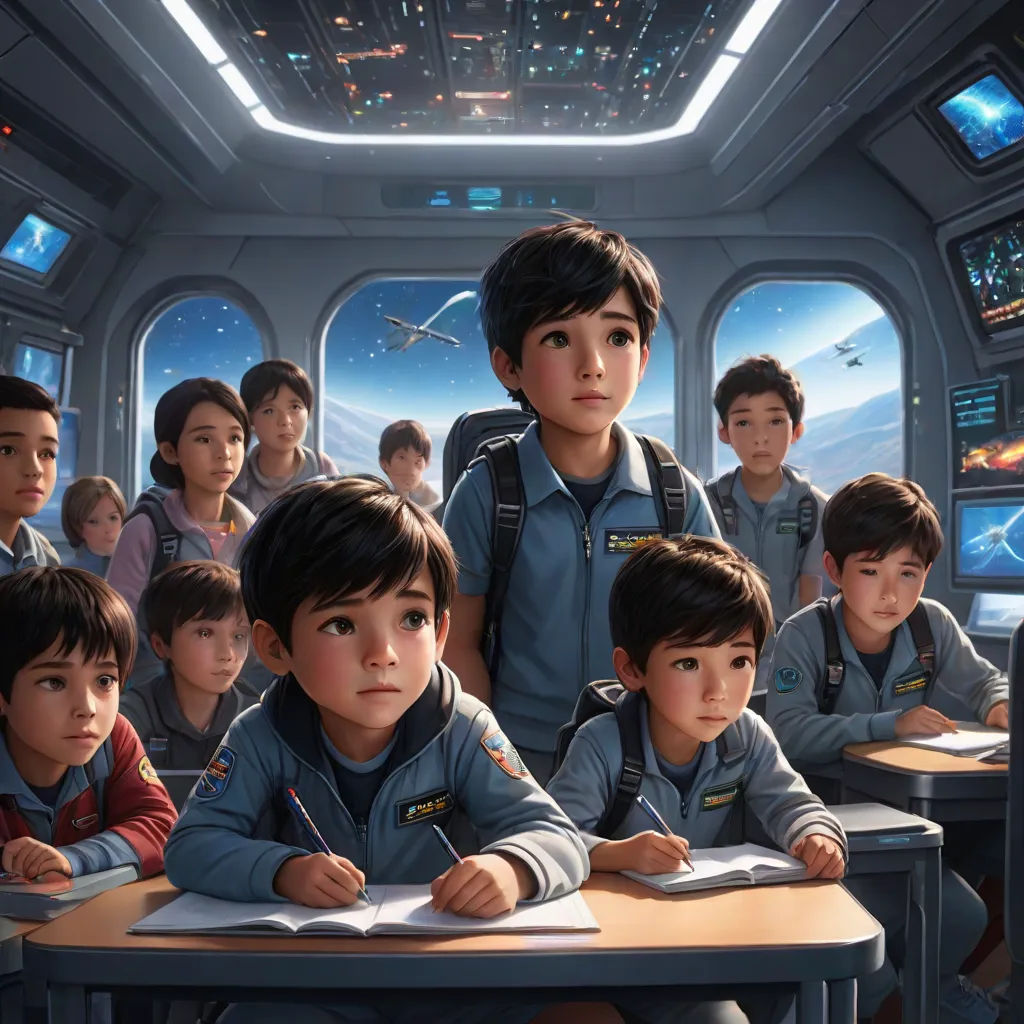a group of children sitting at desks in a classroom with a space shuttle in the background and a man standing in front of them, a detailed painting, Aaron Jasinski, space art, official art
