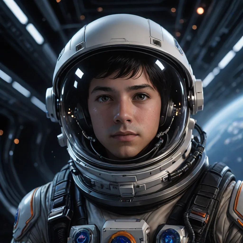 a young man in a space suit with a helmet on his head and a space background with a planet in the background, a detailed matte painting, Cedric Peyravernay, space art, unreal engine 5 highly rendered