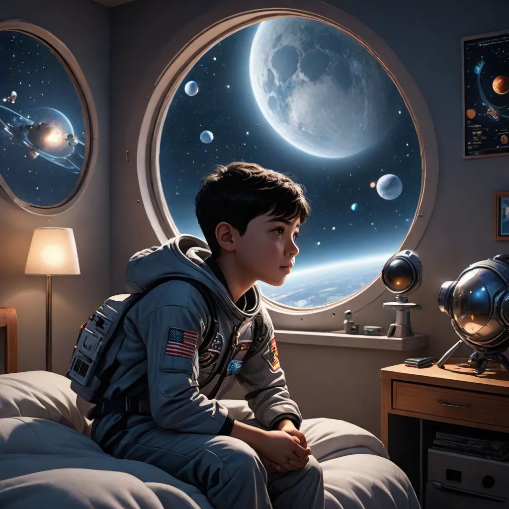 a boy sitting on a bed looking out a window at the planets in the sky and a moon in the sky, a hyperrealistic painting, Chris LaBrooy, retrofuturism, highly detailed digital painting