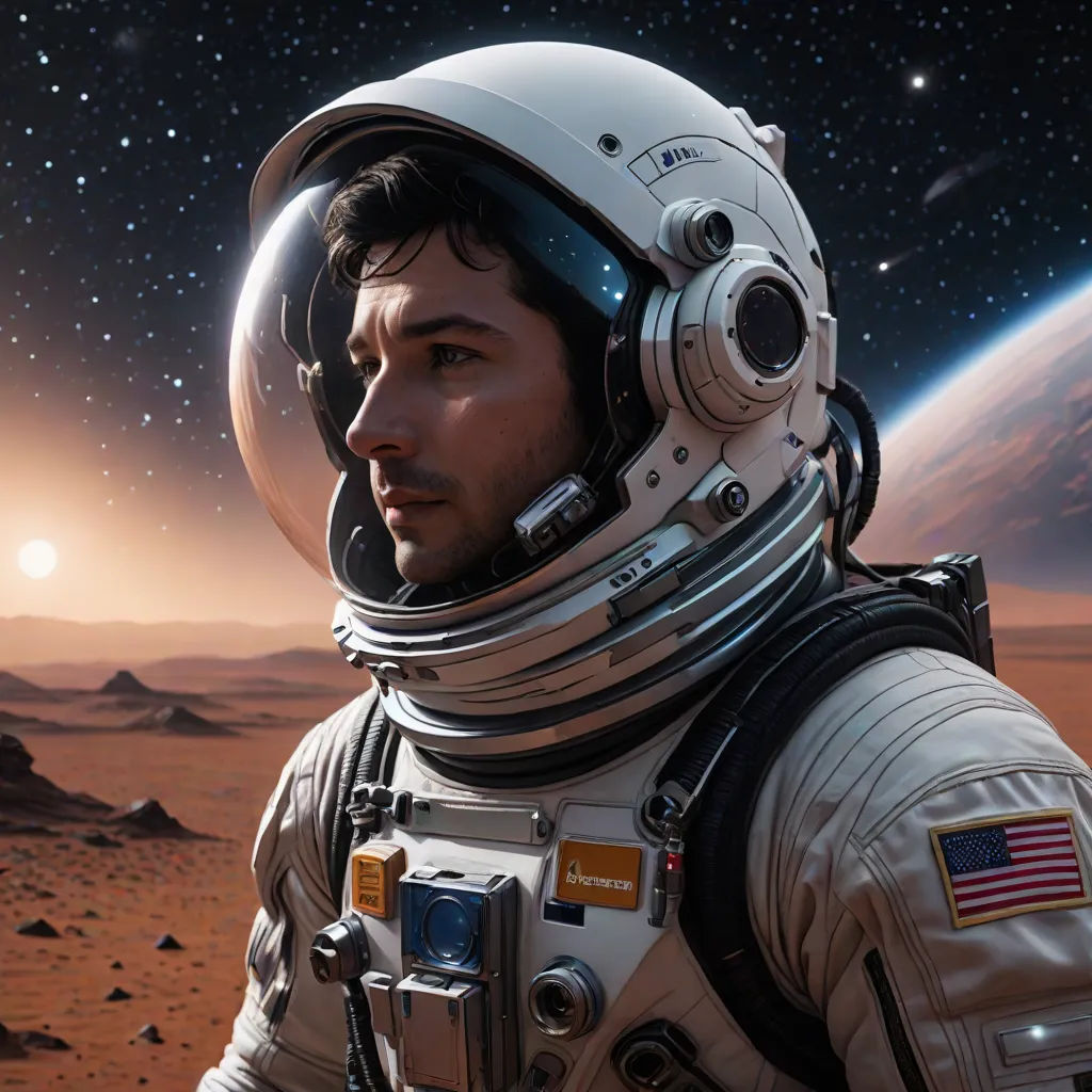 a man in a space suit standing in front of a planet with a star in the background and a distant sky, a detailed matte painting, Cedric Seaut (Keos Masons), space art, unreal engine 5 highly rendered