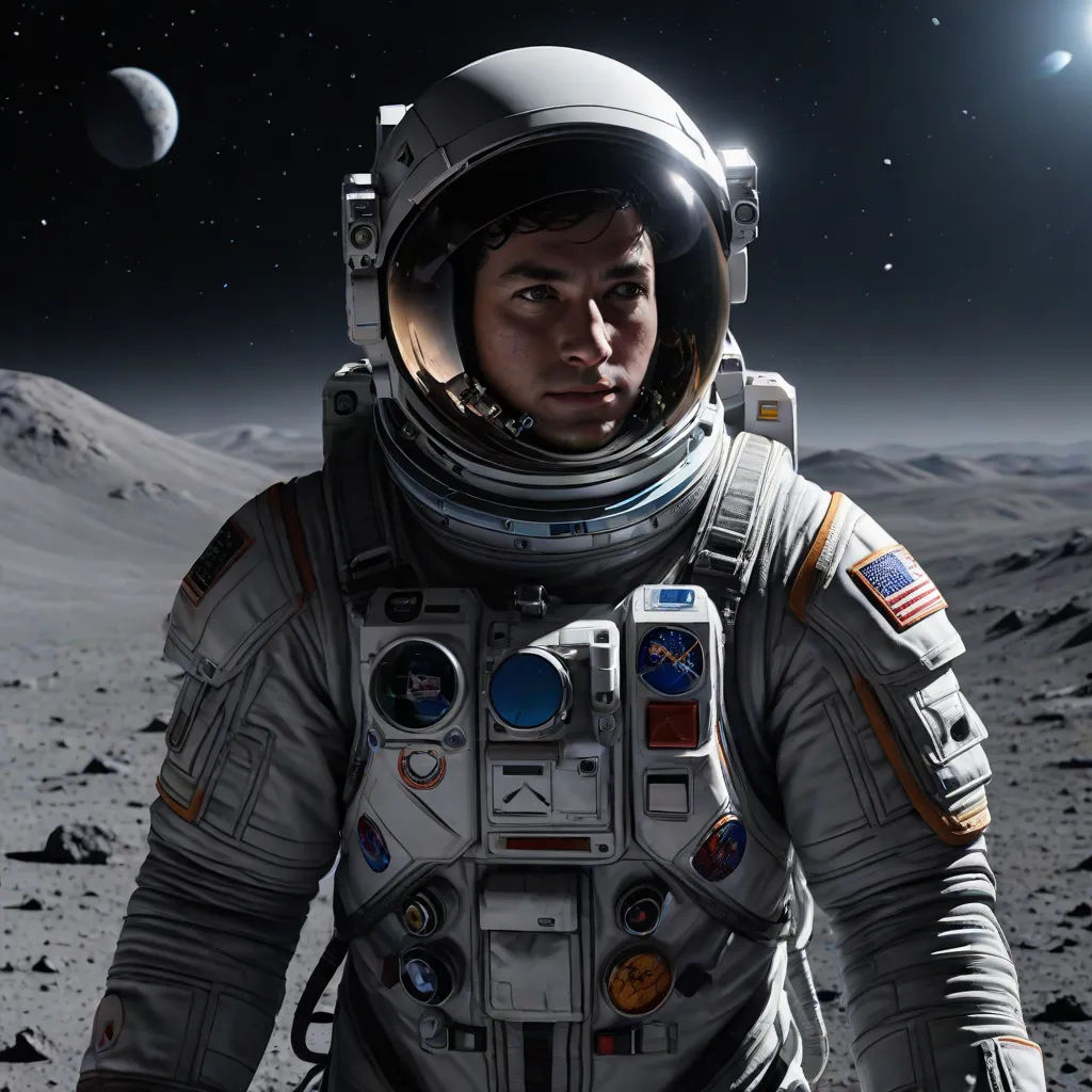 a man in a space suit standing on a surface with planets in the background and a moon in the sky, a detailed matte painting, Chris LaBrooy, space art, promotional image