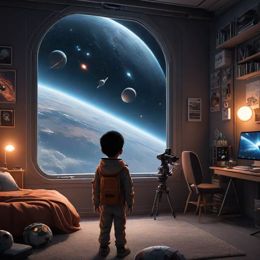 a boy looking out a window at the planets in the sky, with a camera on the floor and a laptop on the desk, a detailed matte painting, Chris LaBrooy, space art, space