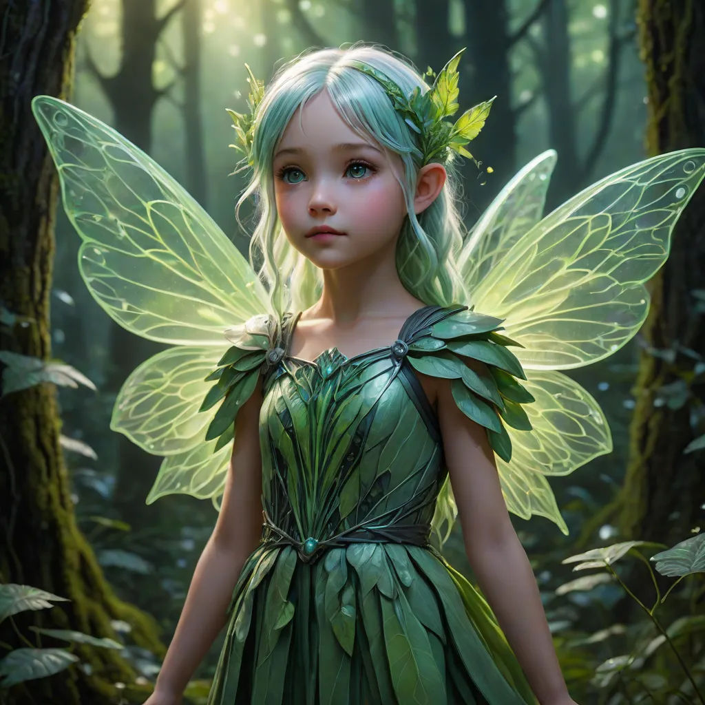 a young girl dressed in green fairy costume standing in a forest with a butterfly on her shoulder and wings, a storybook illustration, Charlie Bowater, fantasy art, rossdraws global illumination