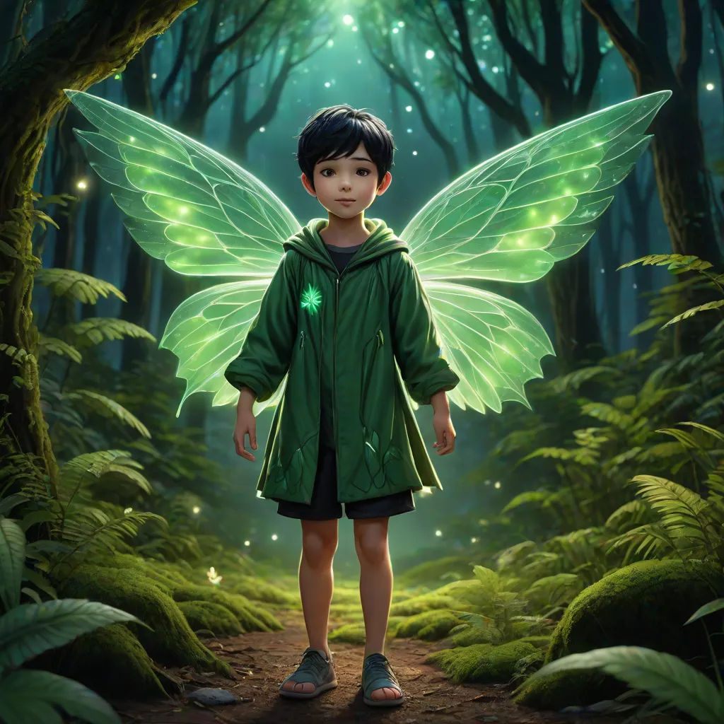 a little girl dressed in a green fairy costume standing in a forest with a green fairy wings on her head, a storybook illustration, Cliff Childs, magical realism, promotional image