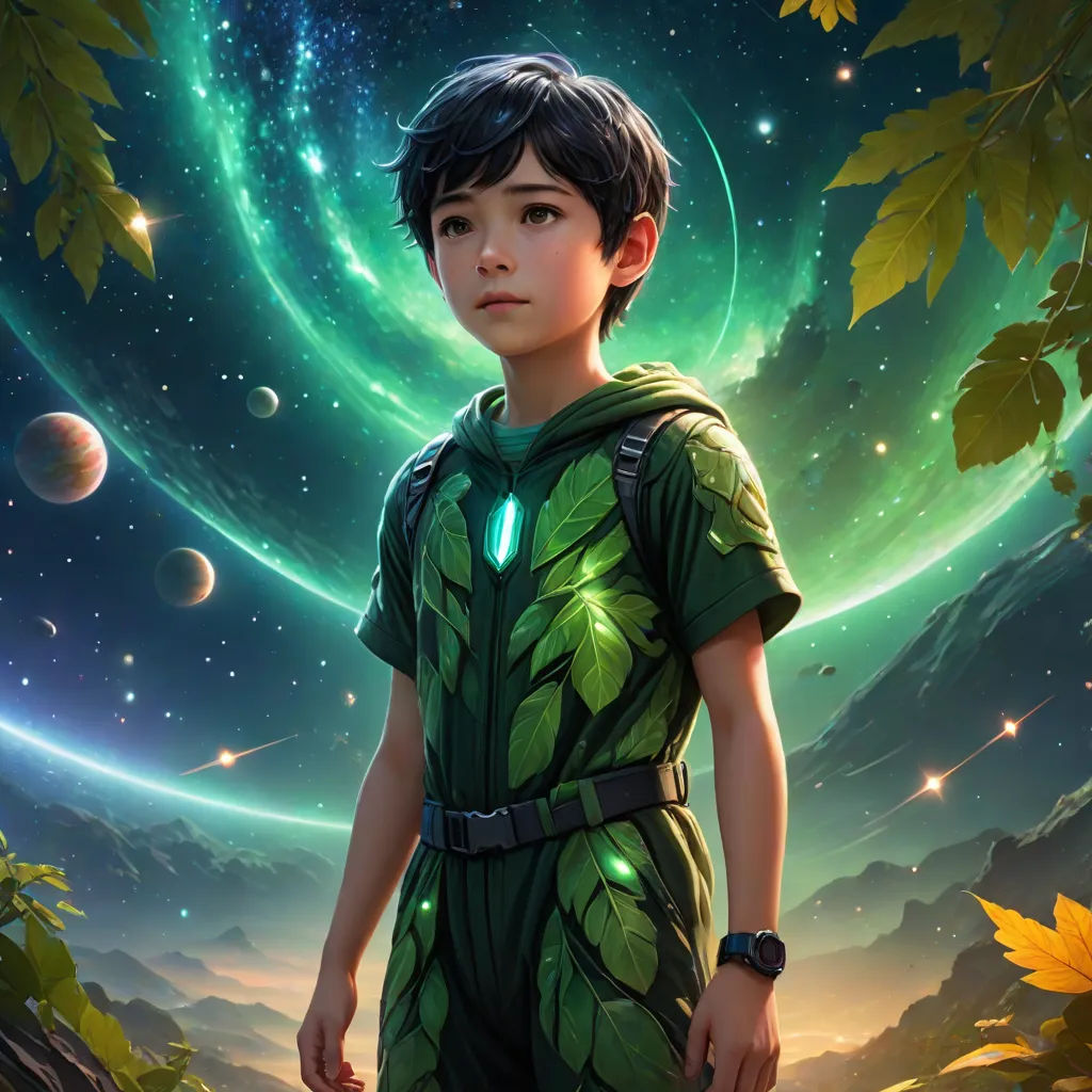 a boy in a green space suit standing in front of a green planet with a green light on it, concept art, Aaron Jasinski, space art, key art