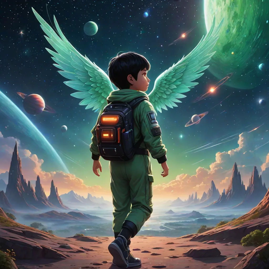 a boy with a backpack and wings walking towards a planet with a green glow in the sky and stars, a detailed painting, Aaron Jasinski, space art, stanley artgerm lau