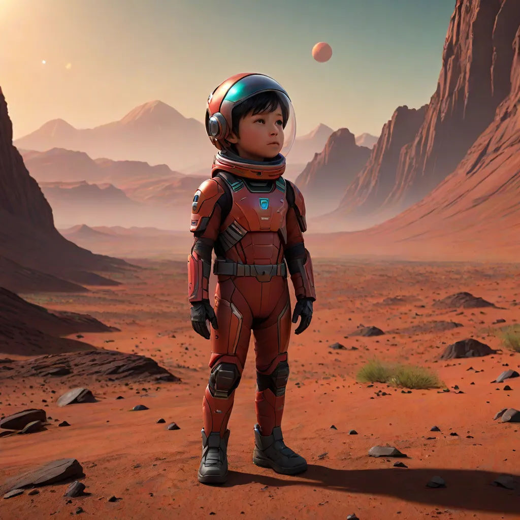 a young boy in a space suit standing on a desert surface with mountains in the background and a planet in the distance, a detailed matte painting, Adam Rex, space art, promotional image