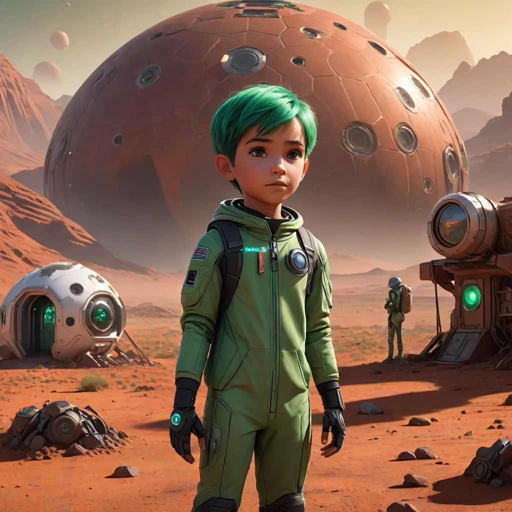 a boy with green hair standing in front of a space station and a giant object in the background with a man in a space suit, concept art, Cliff Childs, space art, promotional image