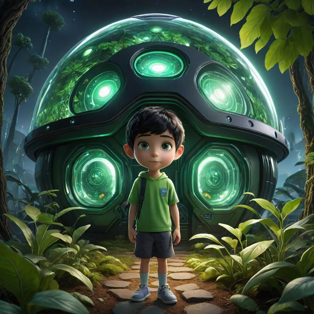 a boy standing in front of a green object in the woods with a green light on it's face, a computer rendering, Alejandro Burdisio, space art, promotional image