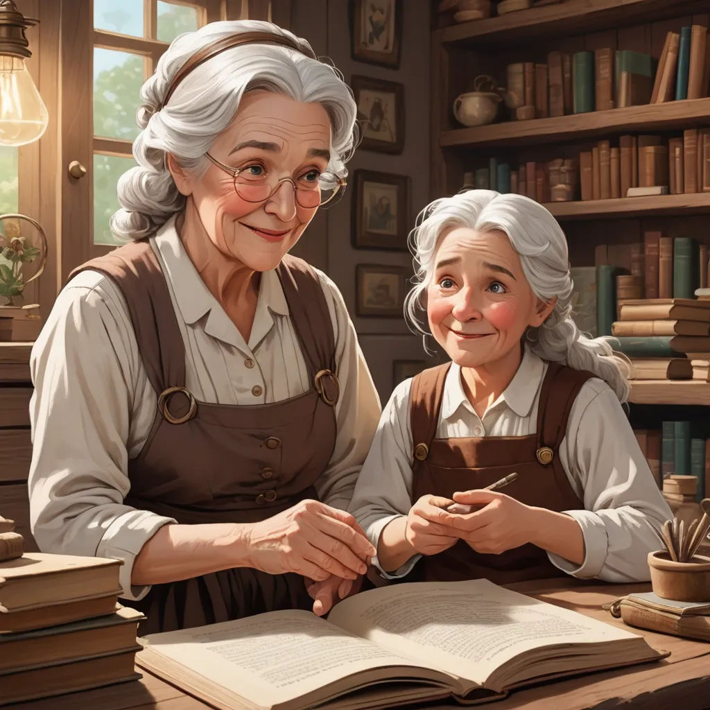 a painting of an older woman and a younger woman sitting at a table with a book and a cup, fantasy art, a storybook illustration, Anne Said, storybook illustration
