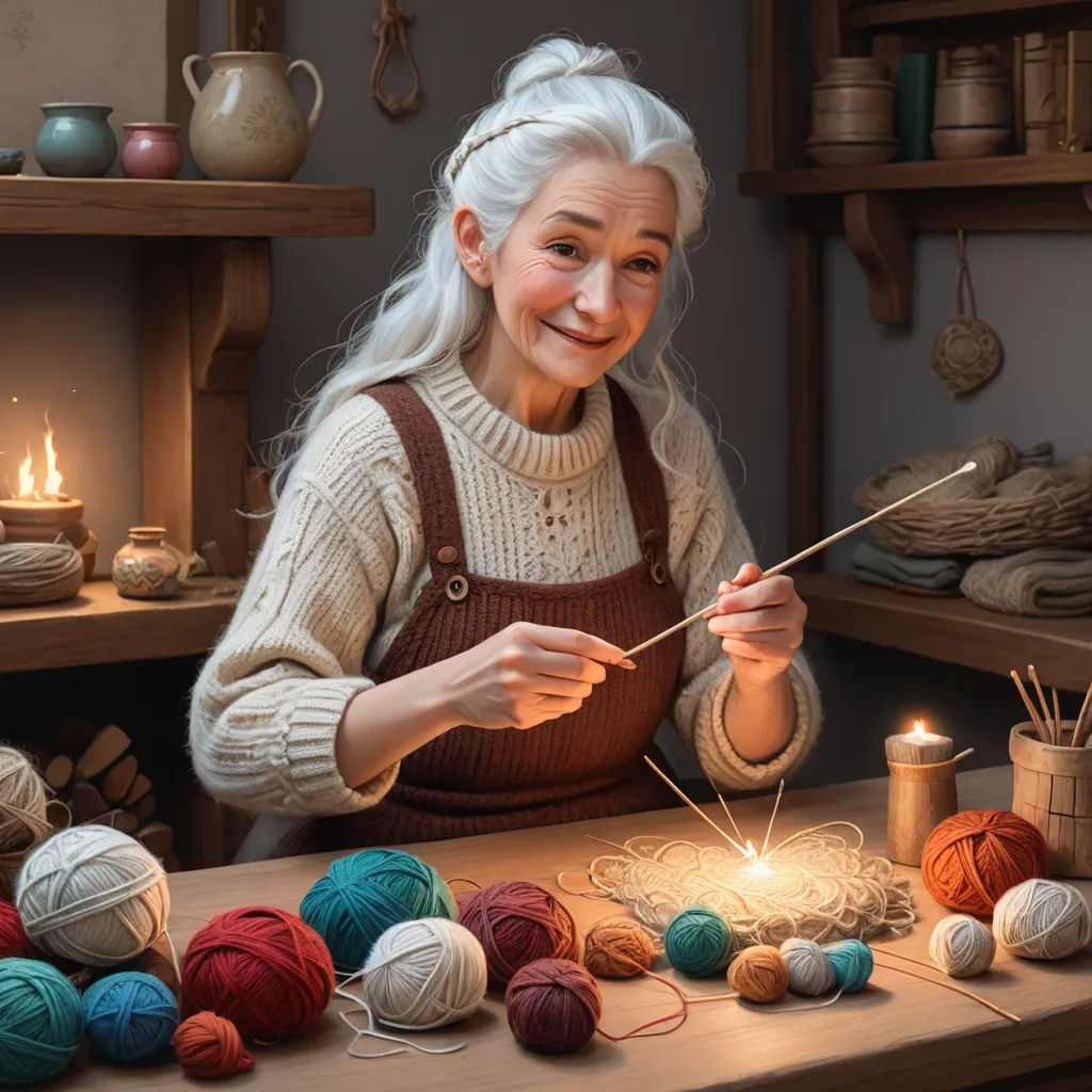 a woman is knitting a ball of yarn with a knitting needle and a lit candle in front of her, photorealism, a storybook illustration, Chris LaBrooy, ultra realistic digital art