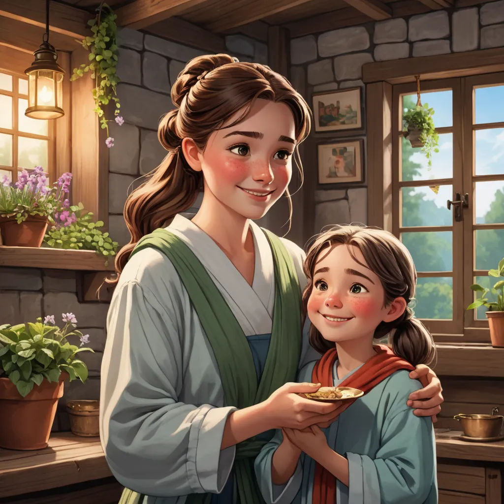 a painting of a woman holding a child in her arms and a potted plant in the background with a window behind her, sots art, a storybook illustration, Anne Said, official art