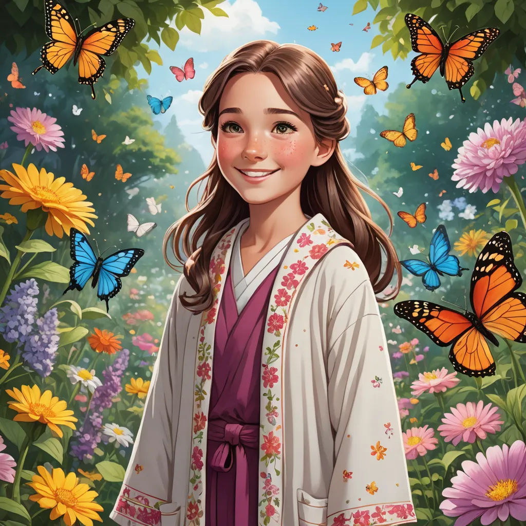 a girl in a kimono surrounded by butterflies and flowers in a field of flowers and butterflies in the background, cloisonnism, a character portrait, Drew Struzan, kinkade