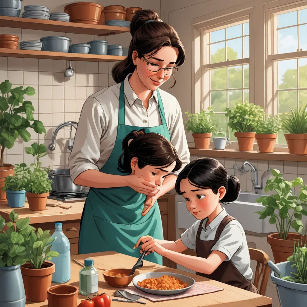 a woman and two children are preparing food in a kitchen together, with pots and pans on the counter, magical realism, a storybook illustration, Alejandro Burdisio, storybook illustration