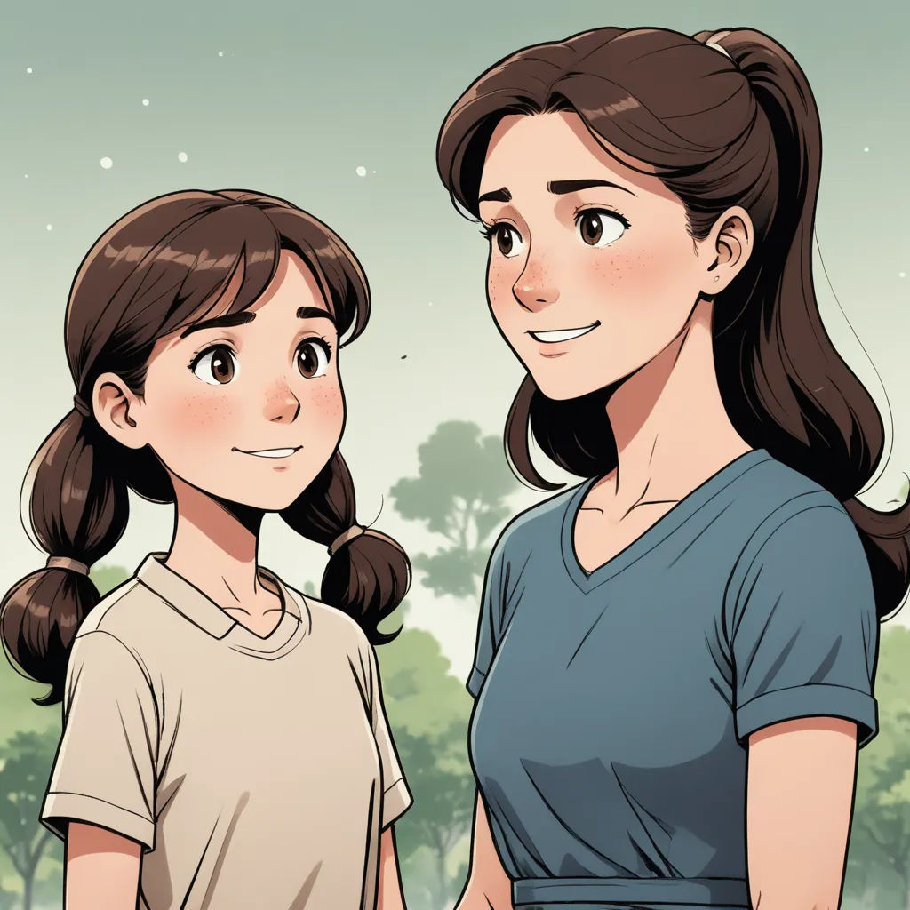 a woman and a girl standing next to each other in a park with trees in the background and snow falling on the ground, serial art, a comic book panel, Byeon Sang-byeok, graphic novel