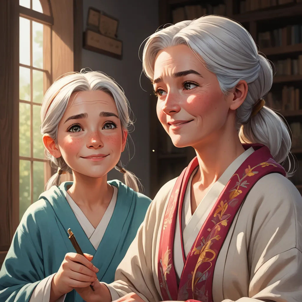 a woman and a child are standing in front of a window and a book shelf with books on it, fantasy art, a storybook illustration, Anne Said, trending on artstation hq