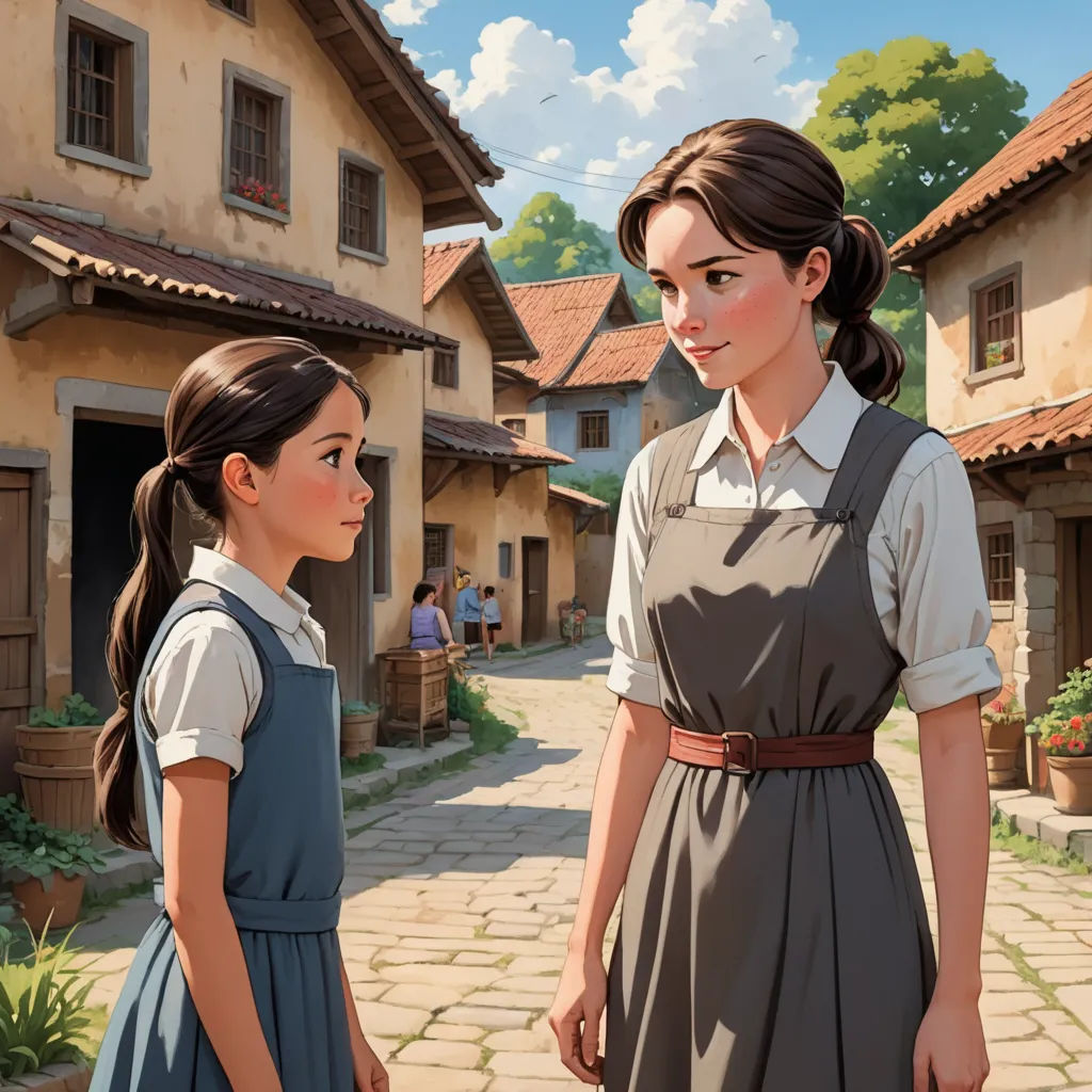 a painting of two girls standing in front of a house with a woman looking at her in the distance, american scene painting, a storybook illustration, Brothers Hildebrandt, official art