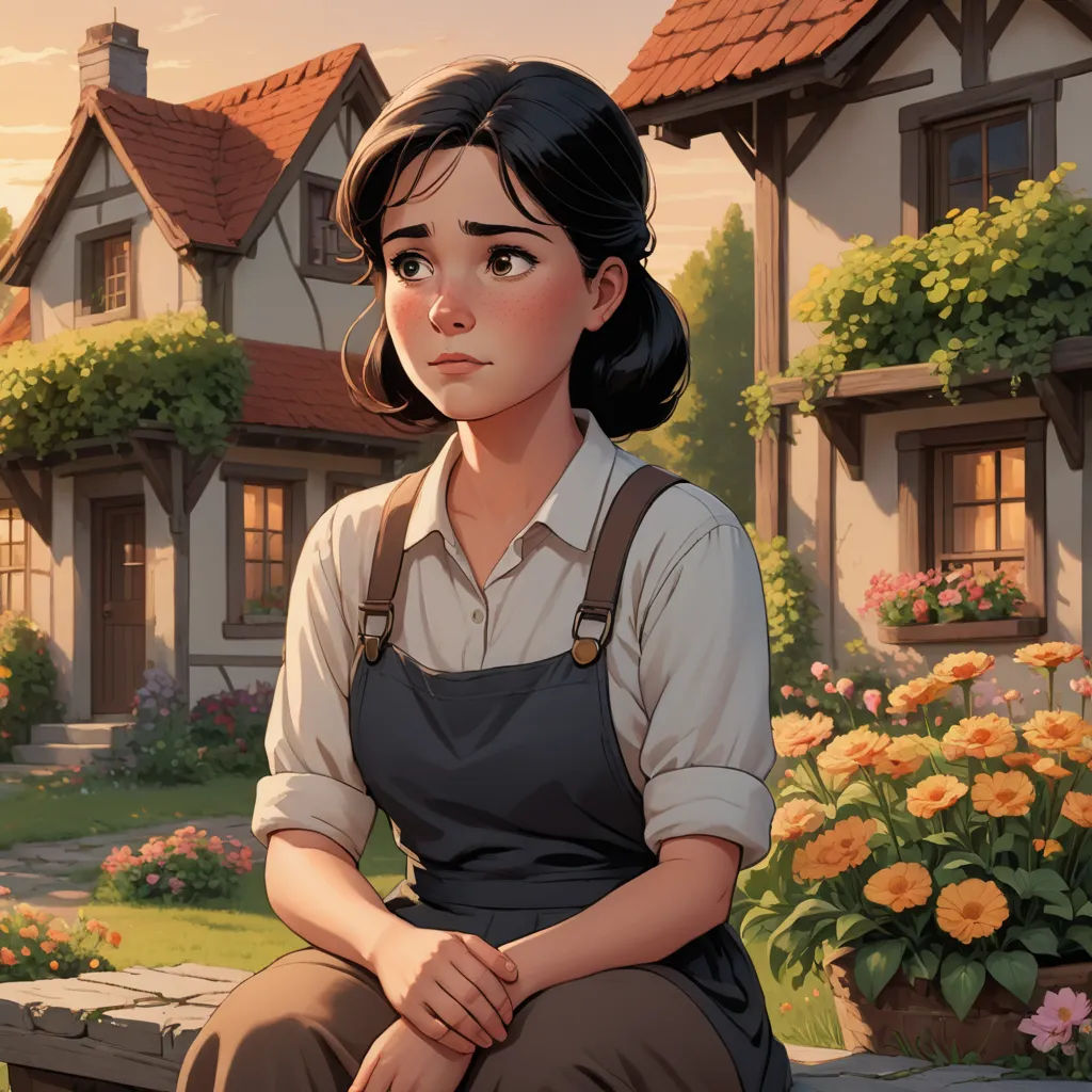 a woman sitting on a bench in front of a house with flowers in the yard and a dog in the yard, fantasy art, a storybook illustration, Evgeny Lushpin, kinkade