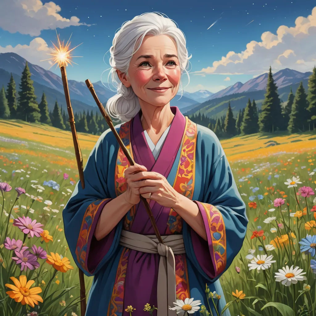 a painting of a woman holding a wand in a field of flowers and daisies with mountains in the background, magical realism, a character portrait, Elinor Proby Adams, official art
