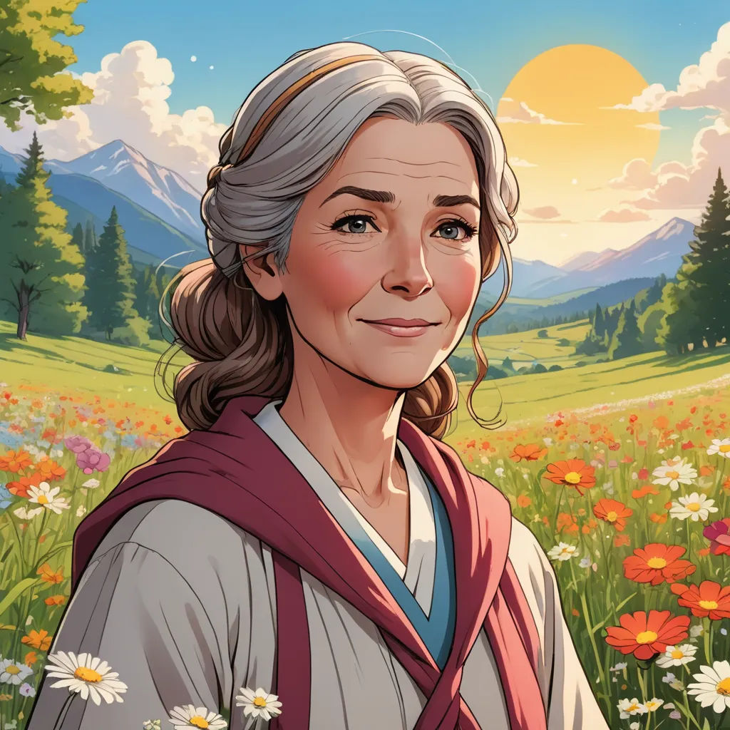 a woman with a scarf around her neck standing in a field of flowers with a mountain in the background, sots art, a character portrait, Anne Said, character portrait