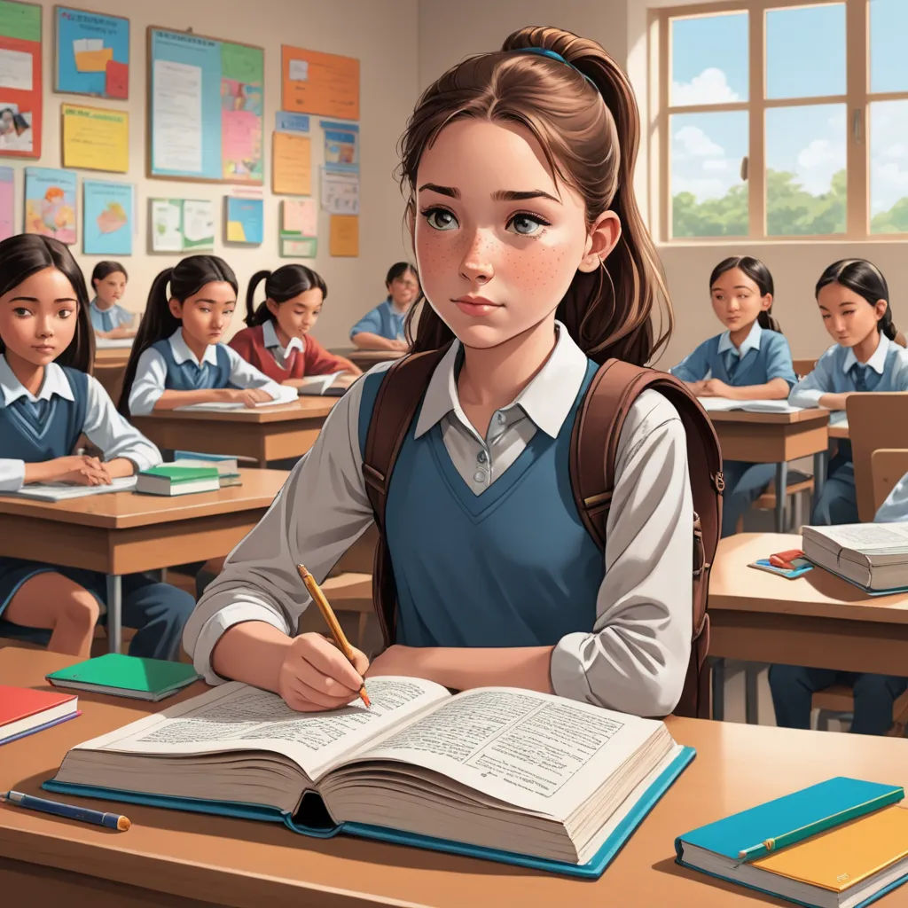 a girl is sitting at a desk with a book and pencil in her hand and a group of other children behind her, paris school, a comic book panel, F Scott Hess, high detail illustration