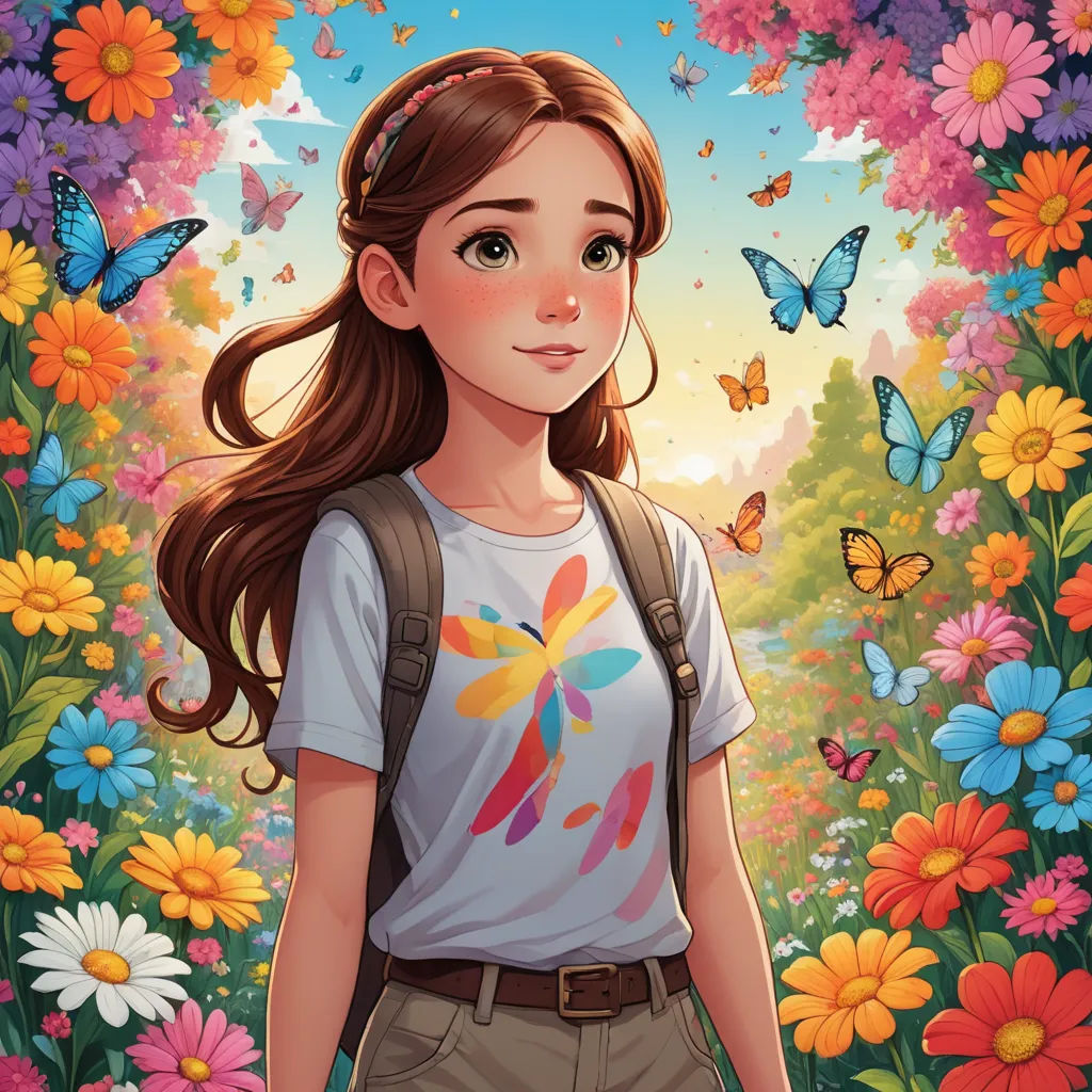 a girl standing in a field of flowers with butterflies flying around her and a butterfly on her shirt on, aestheticism, a character portrait, Clarice Beckett, comic cover art