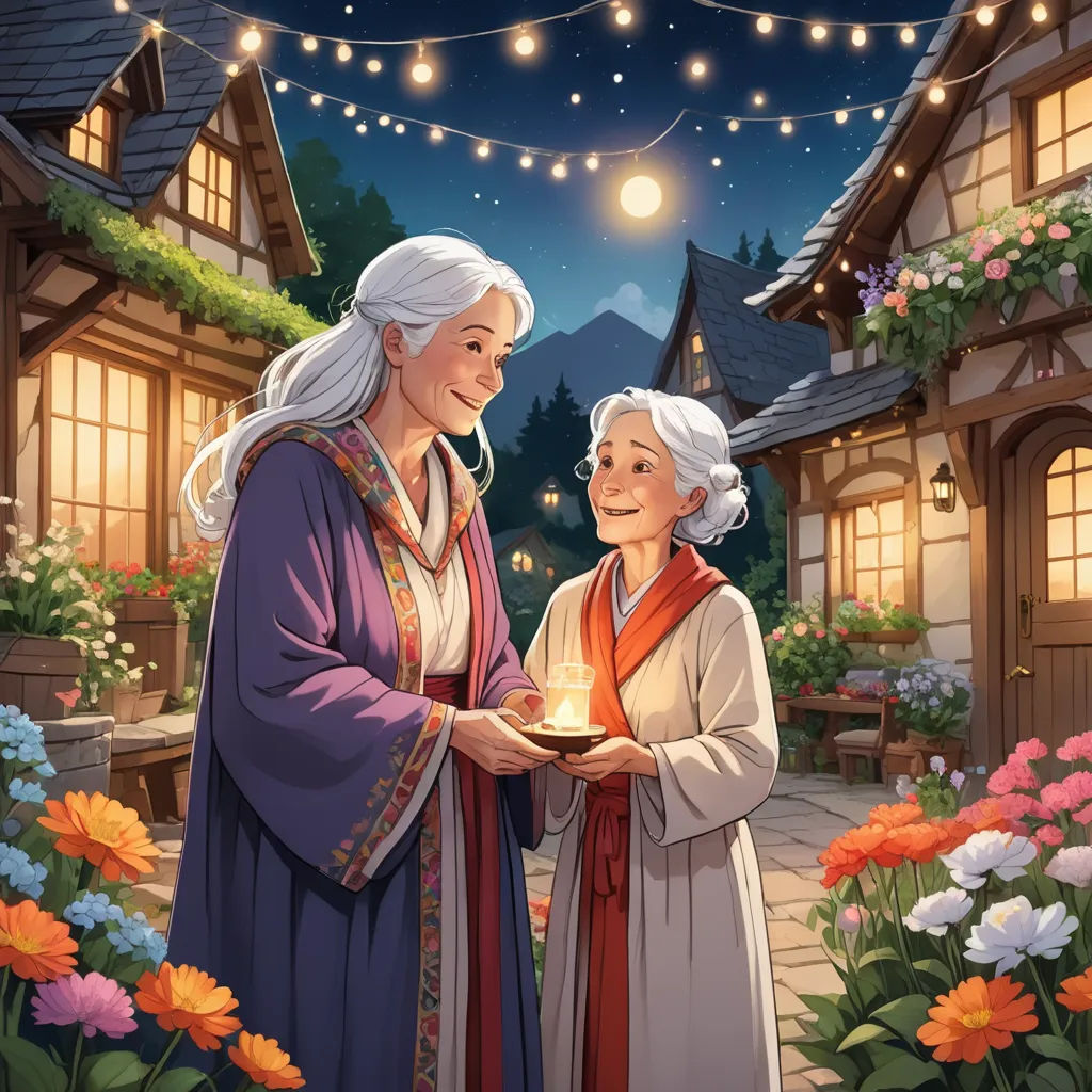 a painting of two women holding a lit candle in front of a house with flowers and lights strung across the street, fantasy art, a storybook illustration, Colin Middleton, official art