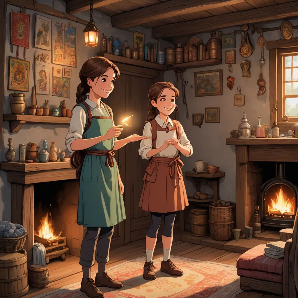 a couple of people standing in a room with a fire place in the background and a fireplace in the middle, fantasy art, a storybook illustration, Anne Said, official art