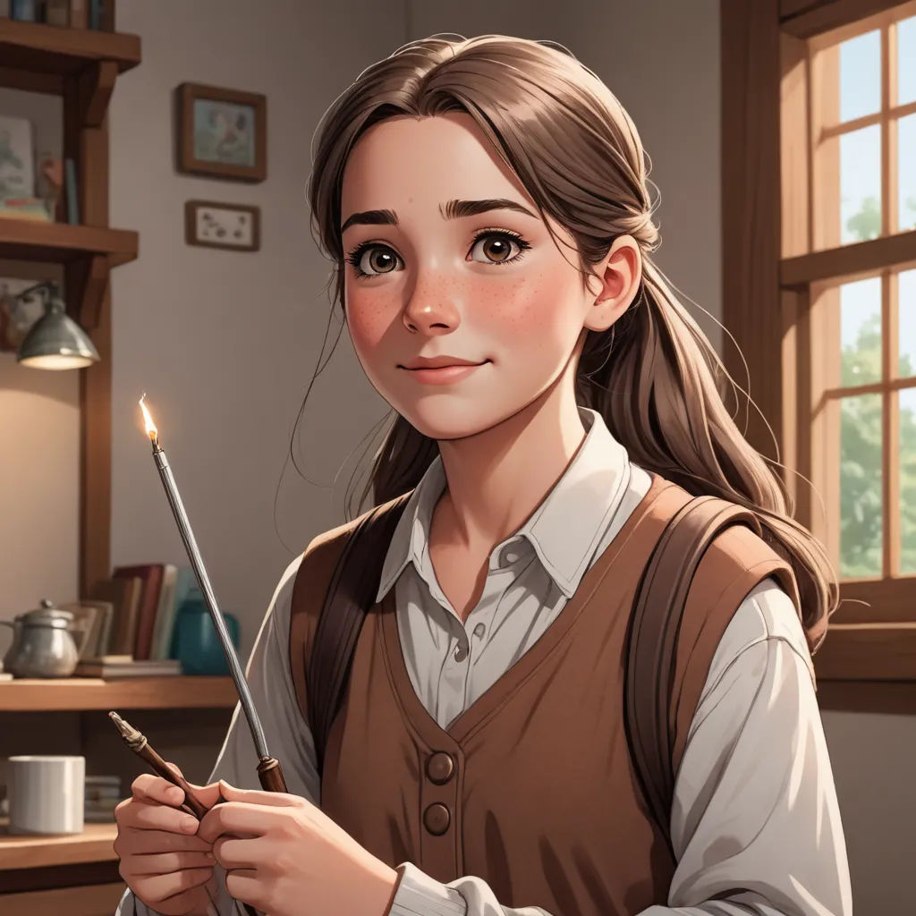 a girl holding a lit candle in her hand and a wand in her other hand, in a room with a window, american scene painting, a character portrait, Artgerm, kinkade