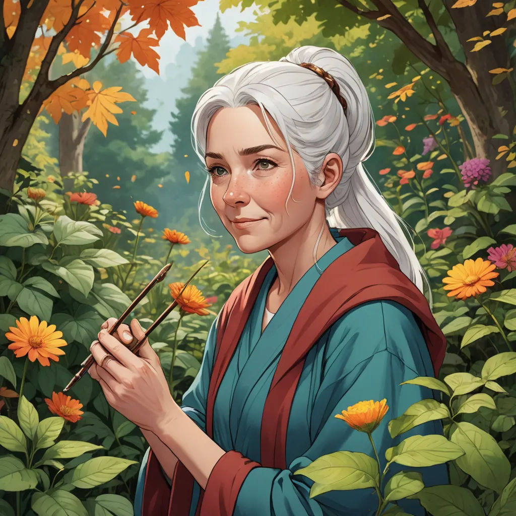 a painting of a woman holding a stick in a forest with flowers and trees in the background, with a sunflower in the foreground, fantasy art, a character portrait, Elinor Proby Adams, official art