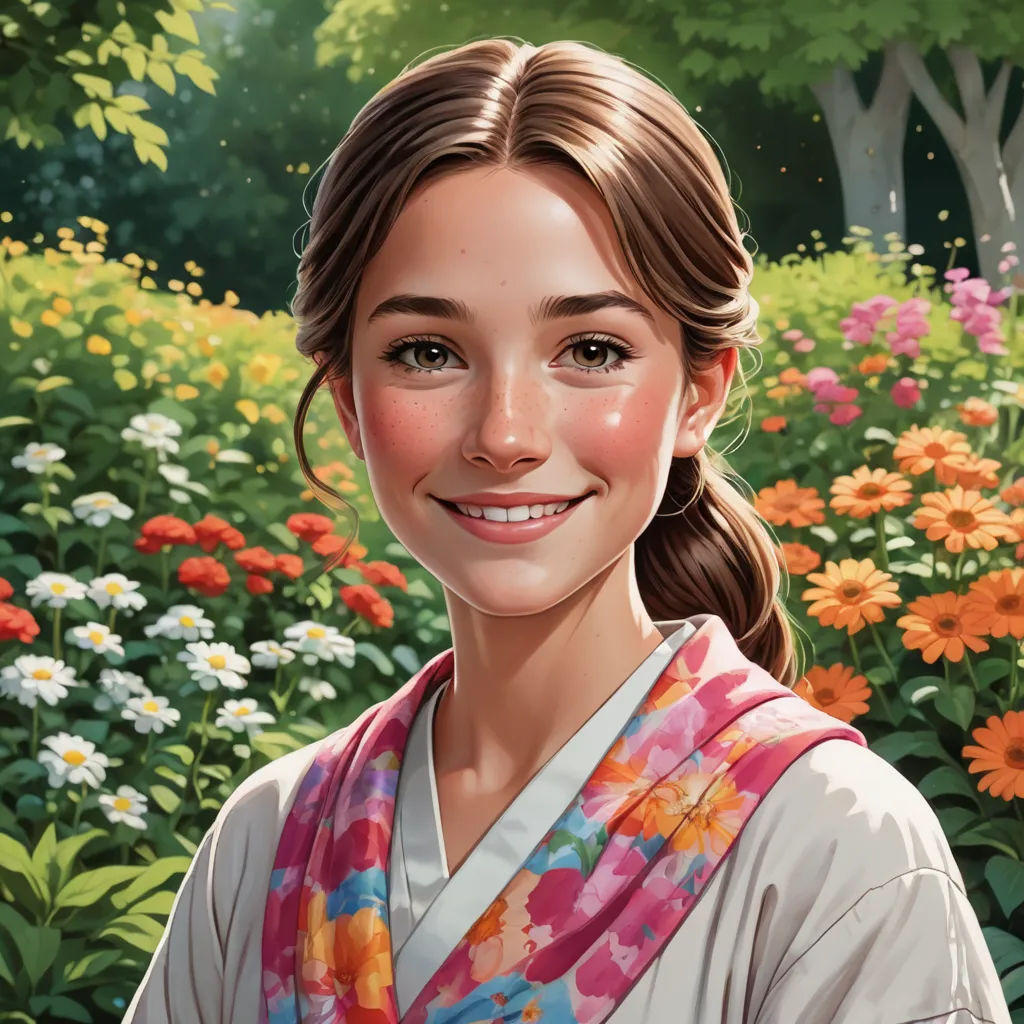 a painting of a woman in a flower garden with a flowered field in the background and trees and flowers, american scene painting, a detailed painting, Chizuko Yoshida, highly detailed digital painting