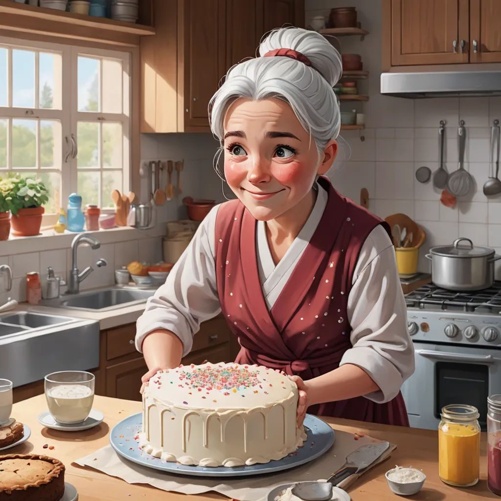 a cartoon of a woman holding a cake on a counter top with a knife and fork in it and a cup of coffee, photorealism, a storybook illustration, Chris LaBrooy, storybook illustration