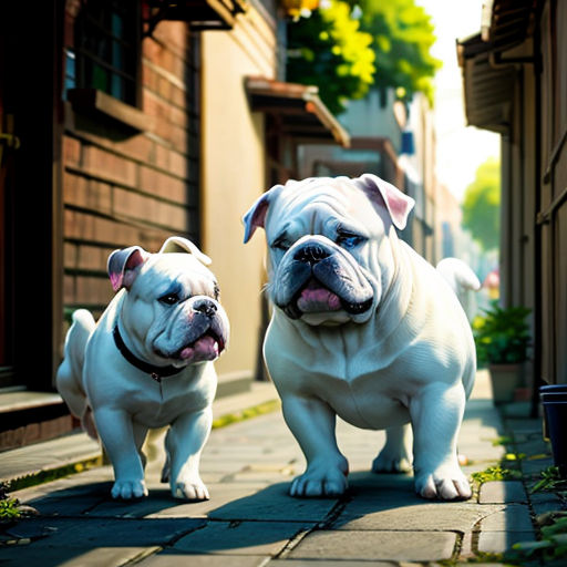 two white dogs standing on a sidewalk next to a building and a potted plant on the sidewalk and a brick building