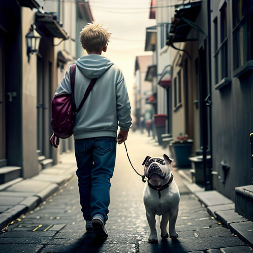 a boy walking a dog down a street in a city with buildings on both sides of the street and a person walking a dog on a leash