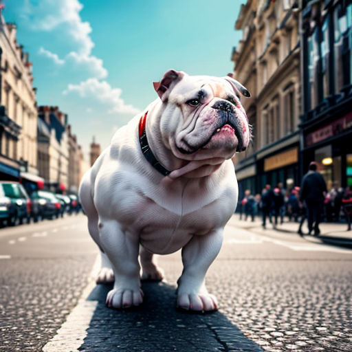 a bulldog standing on a street in a city with people walking by and cars parked on the street behind it