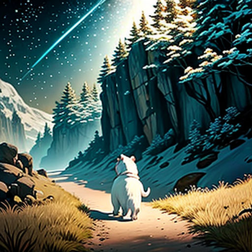 a dog is looking at a shooting star in the sky above a mountain range with a forest and a path