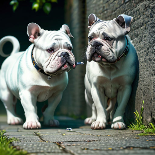 two white dogs standing next to each other on a sidewalk with grass and a brick wall behind them and one of them has a cigarette in its mouth