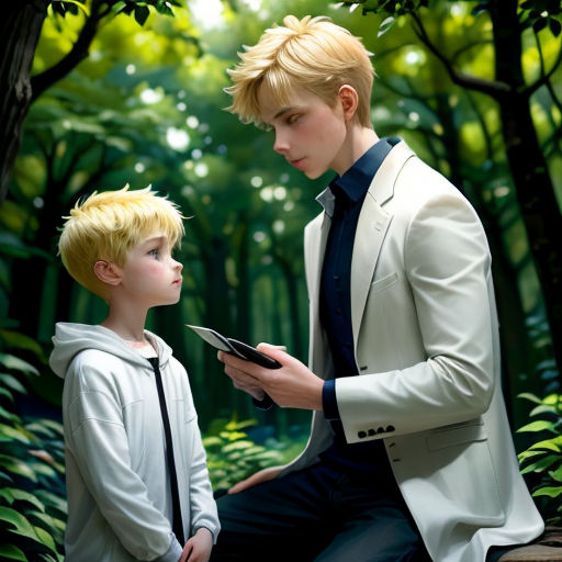 a boy and a boy in a suit are sitting on a bench in the woods and looking at something on a tablet