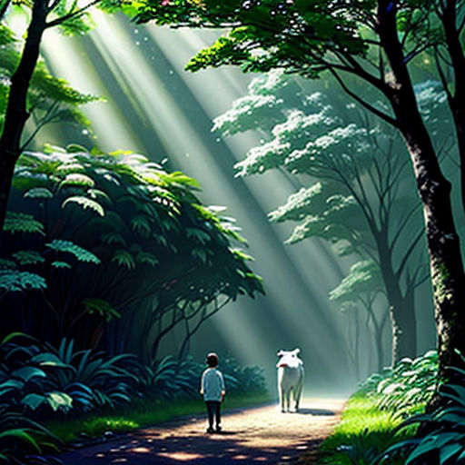 a painting of two people walking down a path in the woods with sunlight streaming through the trees and the ground