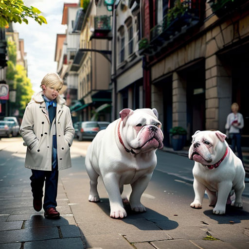 a boy standing next to two white dogs on a sidewalk in a city street with buildings and cars in the background