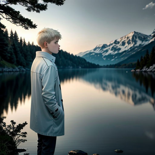 a boy standing on a rock near a lake with mountains in the background and a sky filled with clouds