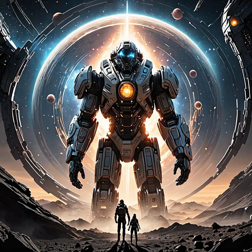 a man and a woman standing in front of a giant robot in a space setting with planets in the background, space art, poster art, Android Jones, key art