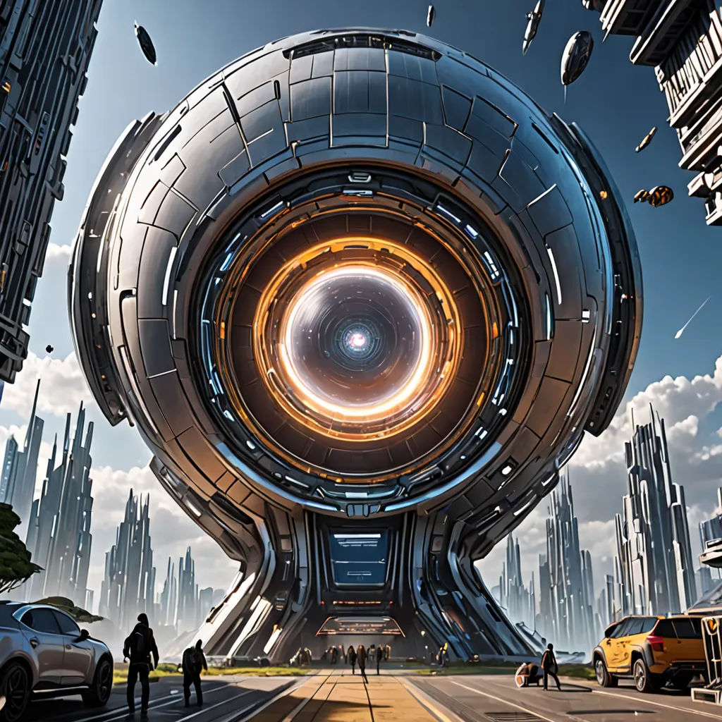 a futuristic city with a giant round object in the middle of the road and people walking around it on a cloudy day, futurism, concept art, Beeple, sci fi