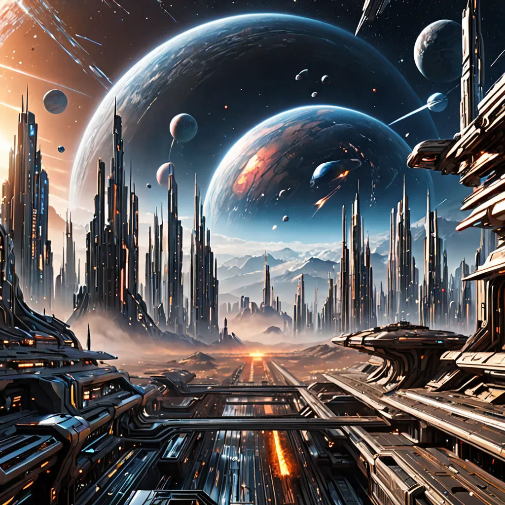 a futuristic city with a massive space station in the foreground and a distant planet in the background with a distant star, space art, a detailed matte painting, David A Hardy, sci fi